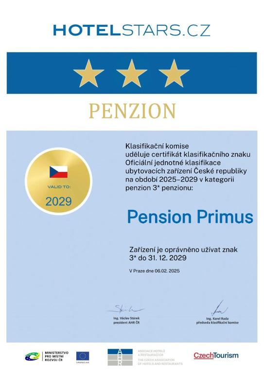 Certifikát, hodnocení, plakát nebo jiný dokument vystavený v ubytování Pension PRIMUS