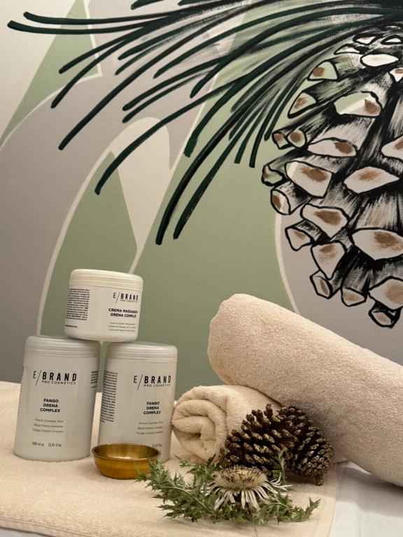 a pile of spa products sitting on a towel at Hotel Europa in San Martino di Castrozza