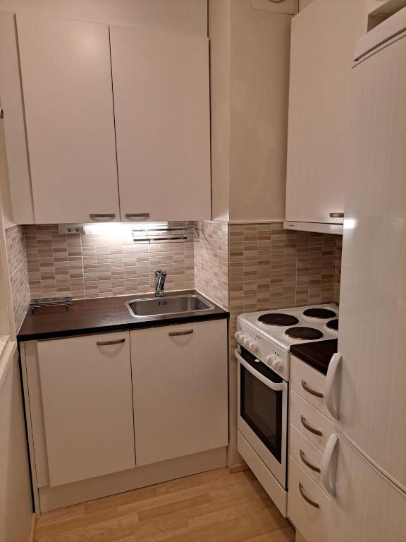 a small kitchen with white cabinets and a sink at Studio Napa in Rovaniemi