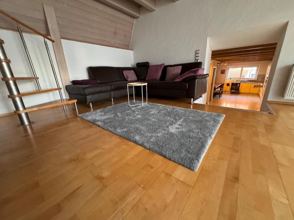 a living room with a black couch and a rug at Rebhof Bahlingen Ferienwohnung Nr 18 Riesling in Bahlingen
