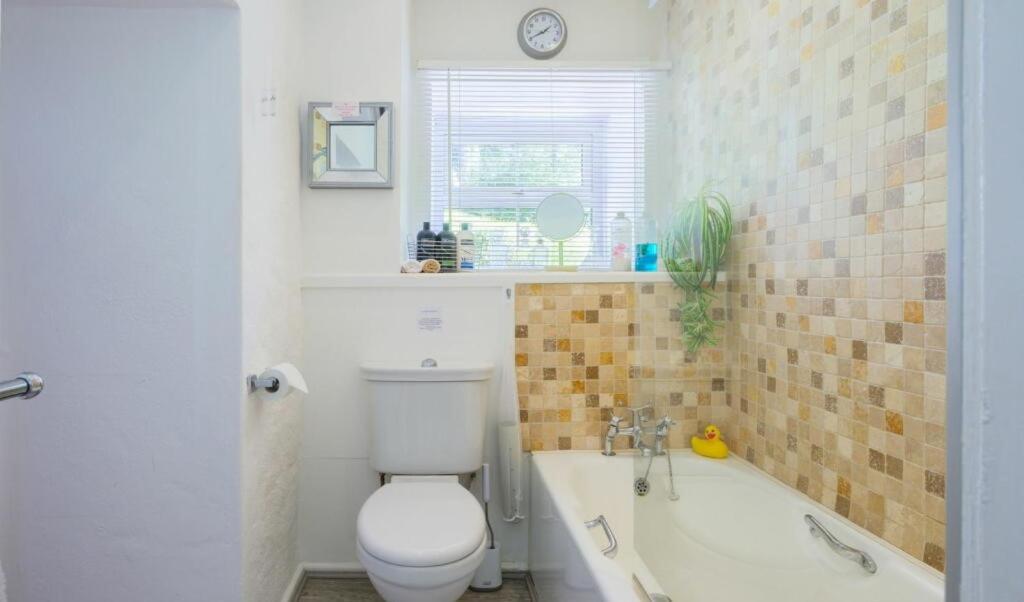 a bathroom with a toilet and a bath tub at Yr Hen Felin - The Old Mill B&B in Morfa Nefyn
