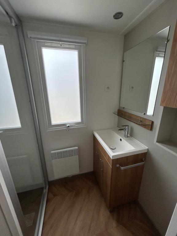 une salle de bain avec un lavabo et une fenêtre dans l'établissement Elise&Kévin, à Pont-Aven