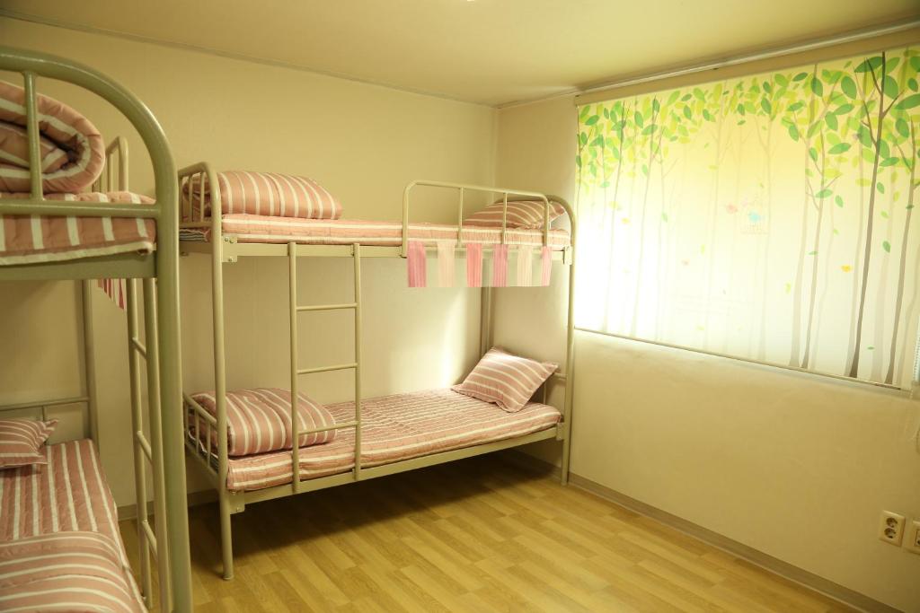 a room with two bunk beds and a window at Seoul Holiday Guesthouse in Seoul
