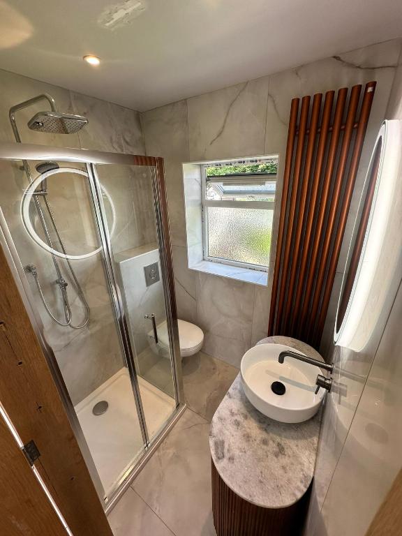 a bathroom with a shower and a toilet and a sink at Cwtch Mawr in Cardiff