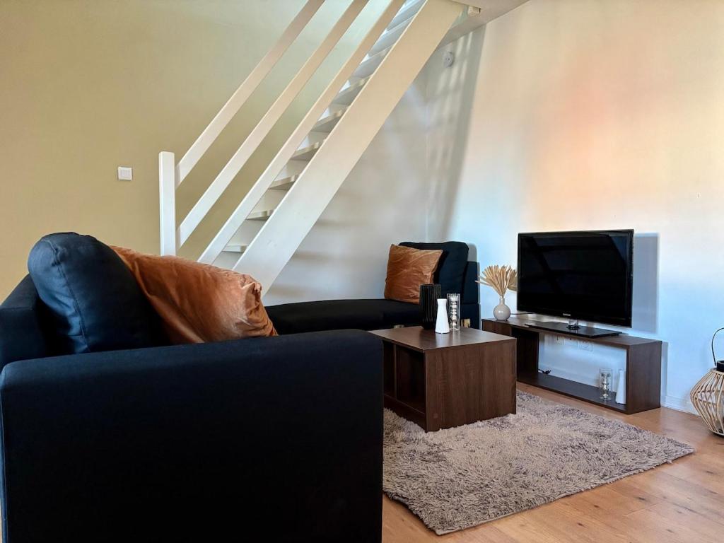 Una sala de estar con un sofá y un televisor. en Appartement vieille-ville de Boulogne, vue Cathédrale, en Boulogne-sur-Mer
