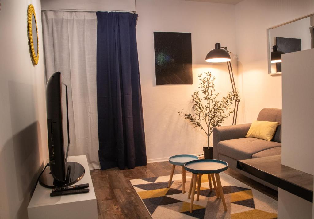 un salon avec une télévision et un canapé dans l'établissement Vannes - L'étoilé, parking et linge inclus, à Vannes