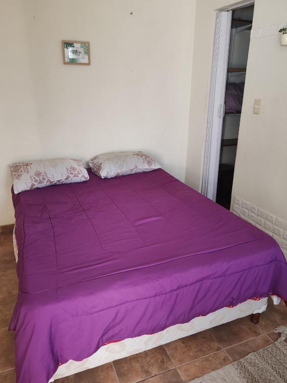 a bed with a purple bedspread on top of it at Apto independiente al fondo de casa familiar in Montevideo