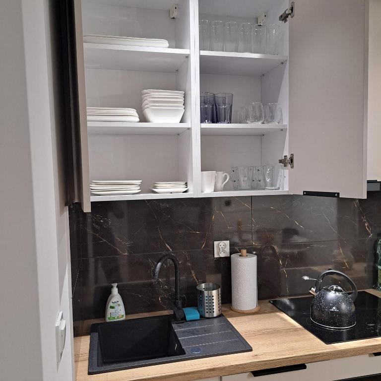 Kuchyň nebo kuchyňský kout v ubytování Apartament Gołębiewscy
