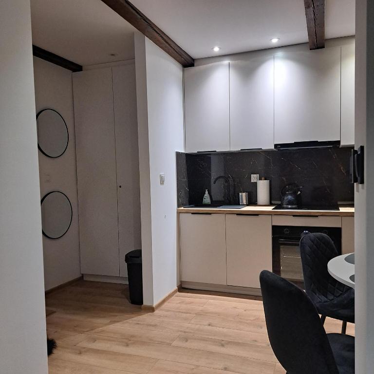 Kuchyň nebo kuchyňský kout v ubytování Apartament Gołębiewscy