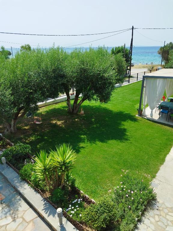 a garden with trees and a tent and the ocean at Beachfront Eva's House in Karianí