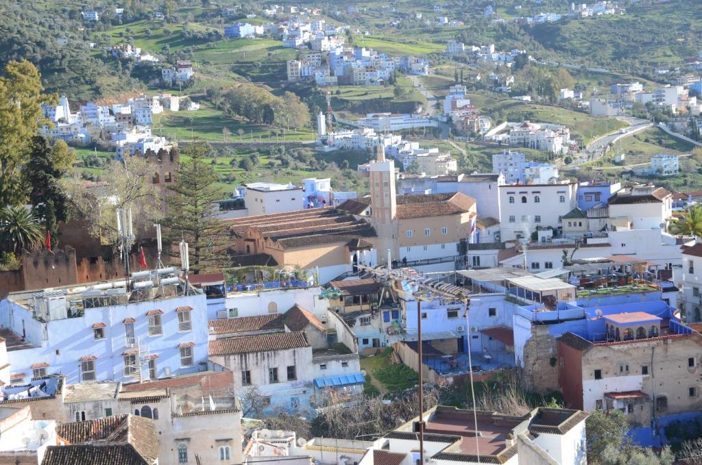 una vista aerea di una città con edifici blu di Dar Aldea a Chefchaouen