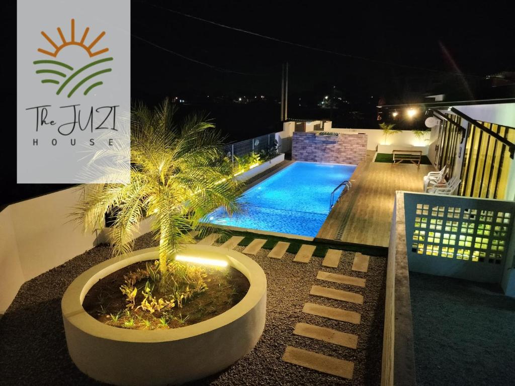 a palm tree in a planter next to a swimming pool at The Juzi House - private pool homestay in Kuala Terengganu