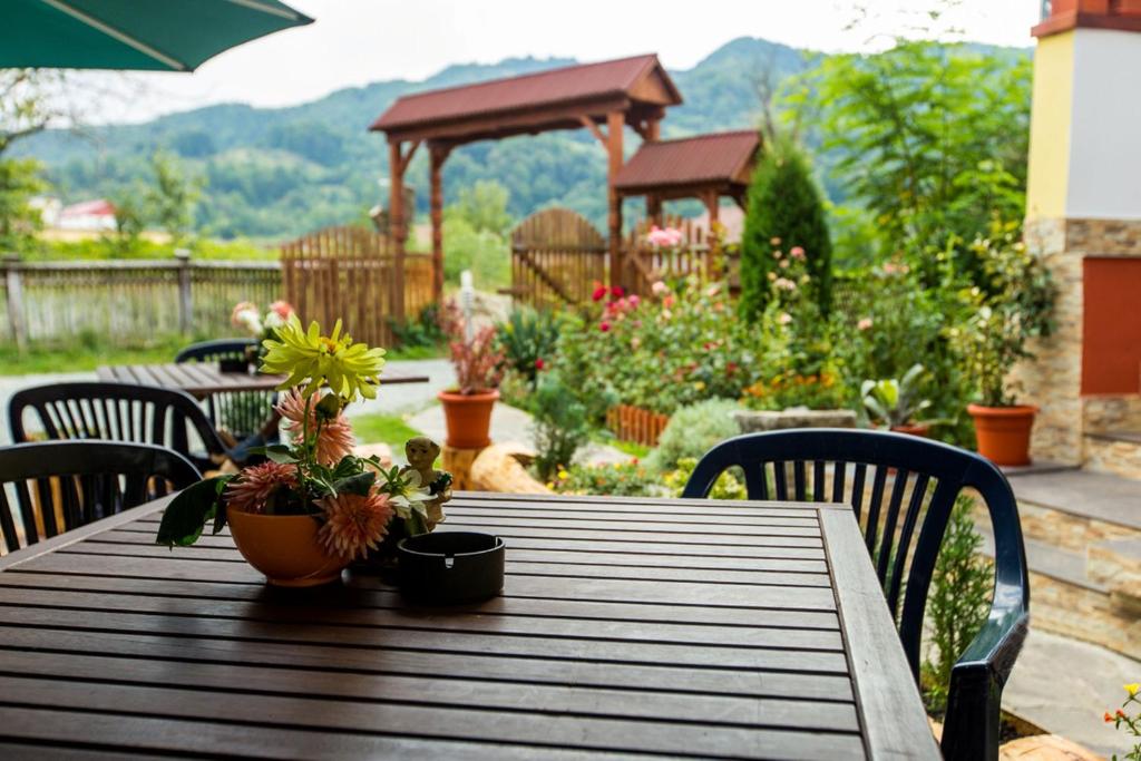 einen Holztisch mit Topfpflanzen auf einer Terrasse in der Unterkunft Pension Agnes in Vişeu de Sus