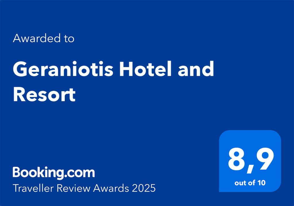 Certifikát, hodnocení, plakát nebo jiný dokument vystavený v ubytování Geraniotis Hotel and Resort
