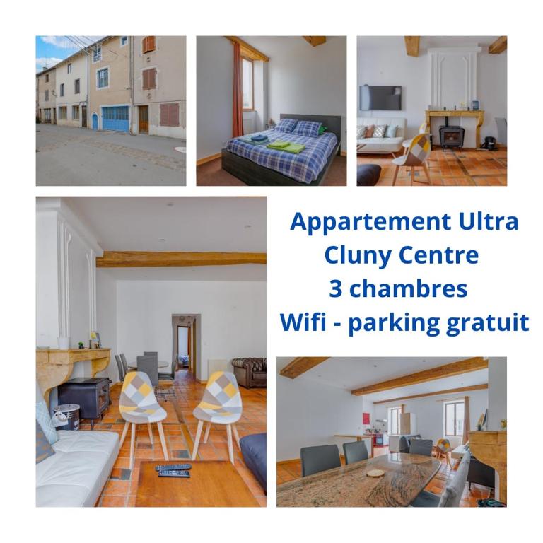 un collage de quatre photos d'un salon dans l'établissement Les tomettes - centre Cluny, à Cluny