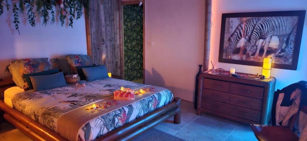 Postel nebo postele na pokoji v ubytování Gîtes Mas des rochers - Case bambou avec Spa