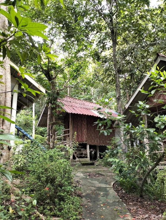 a building with a red roof in the woods at Baan Saikuan in Phra Ae beach