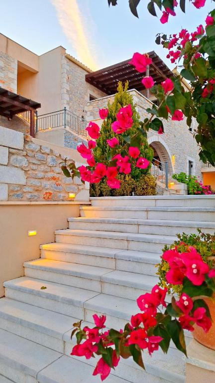 a group of stairs with pink flowers on them at Margo Beach Hotel in Gythio