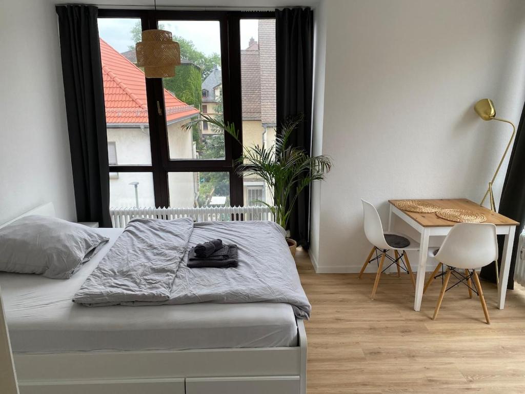 ein Schlafzimmer mit Bett, Schreibtisch und Fenster in der Unterkunft Apartment zentral in Gießen mit Balkon! in Gießen