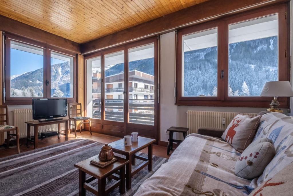 - un salon avec un canapé, une télévision et des fenêtres dans l'établissement T2 1 bedroom near the slopes Chamonix-Mont-Blanc, à Chamonix-Mont-Blanc