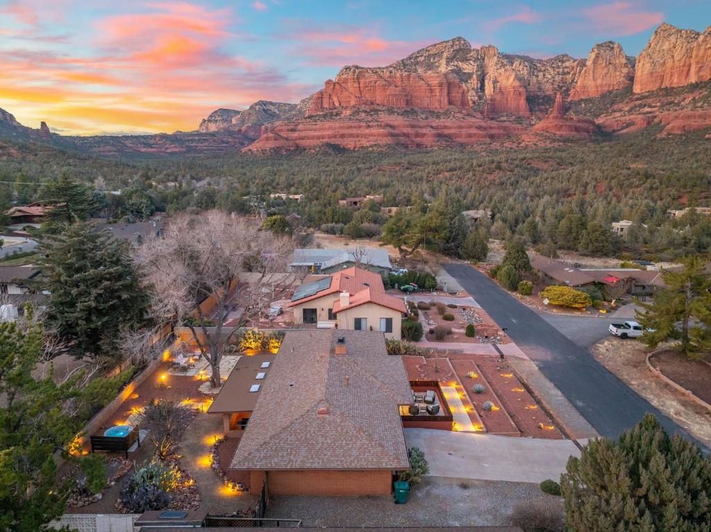 an aerial view of a resort with mountains in the background at The Redrock Experience with Mtn Views & Hottub in Sedona