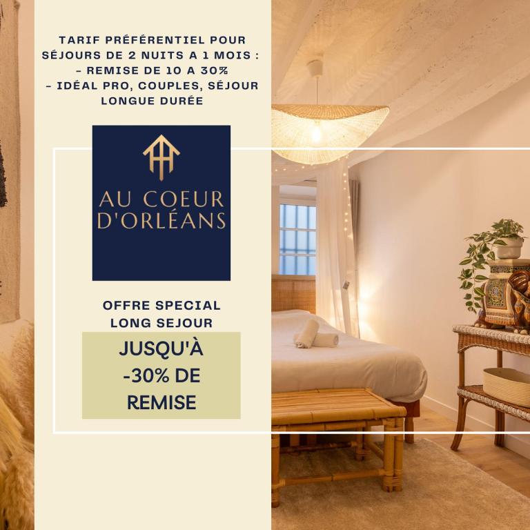 une affiche pour une chambre d'hôtel avec un lit et une table dans l'établissement Coucher Bohème, à Orléans