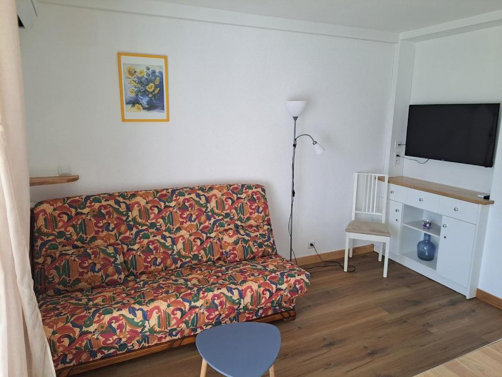 un salon avec un canapé et une télévision à écran plat dans l'établissement Port Brescou III, T2 au centre port avec parking et clim, au Cap d'Agde