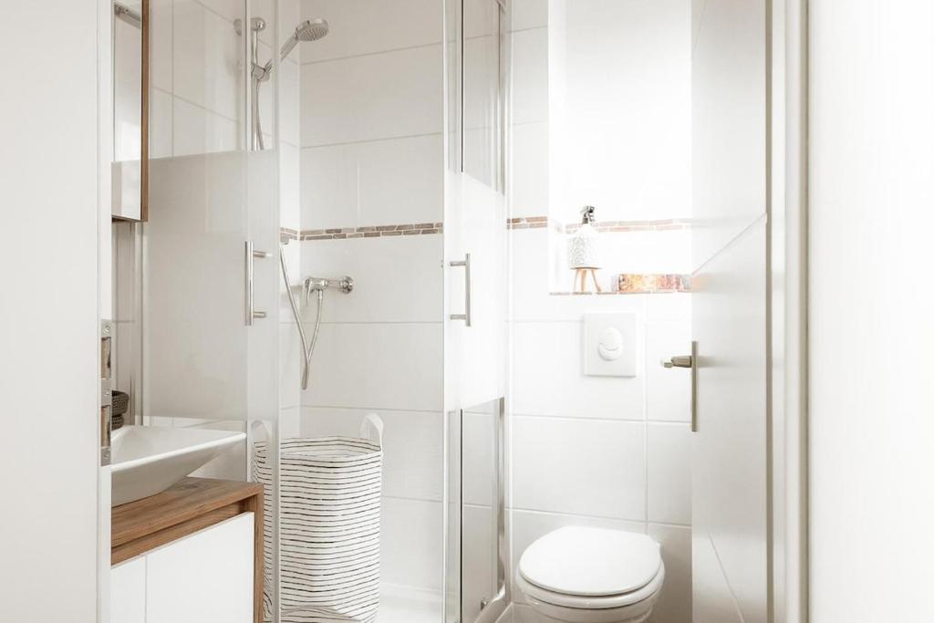 a white bathroom with a toilet and a sink at Waldzauber Appartement in Horhausen