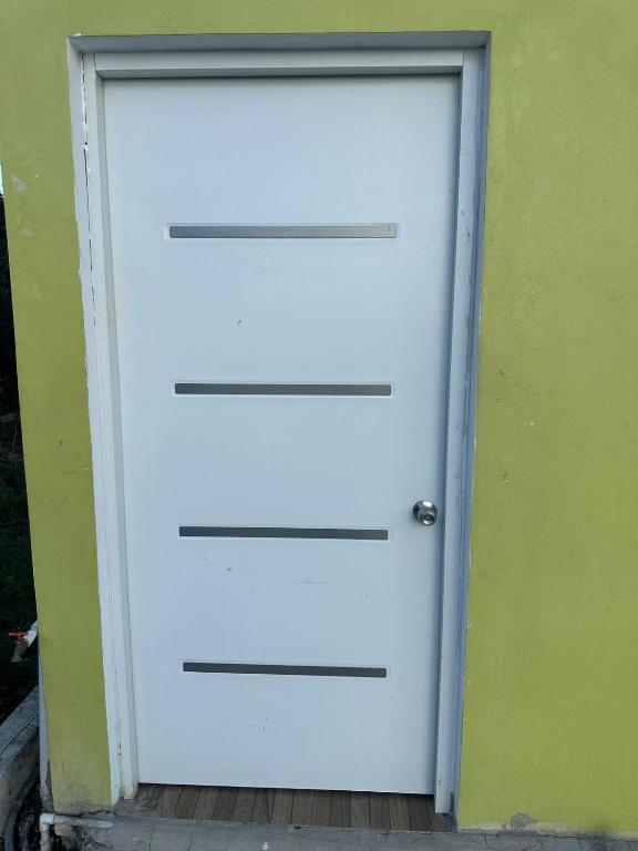 a white garage door in a green wall at Damaris Bed & Breakfast in Las Terrenas