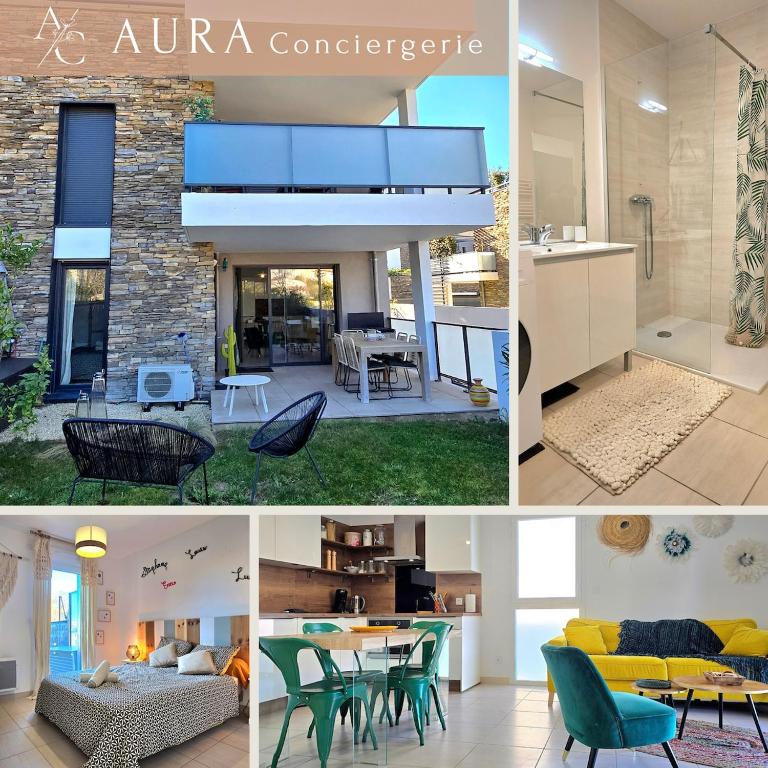 un collage de photos d'un salon et d'une maison dans l'établissement La Ciccia - appartement cosy de plain-pied, avec jardin, terrasse et garage privé - By AURAconcergerie, à Saint-Cyr-sur-Mer