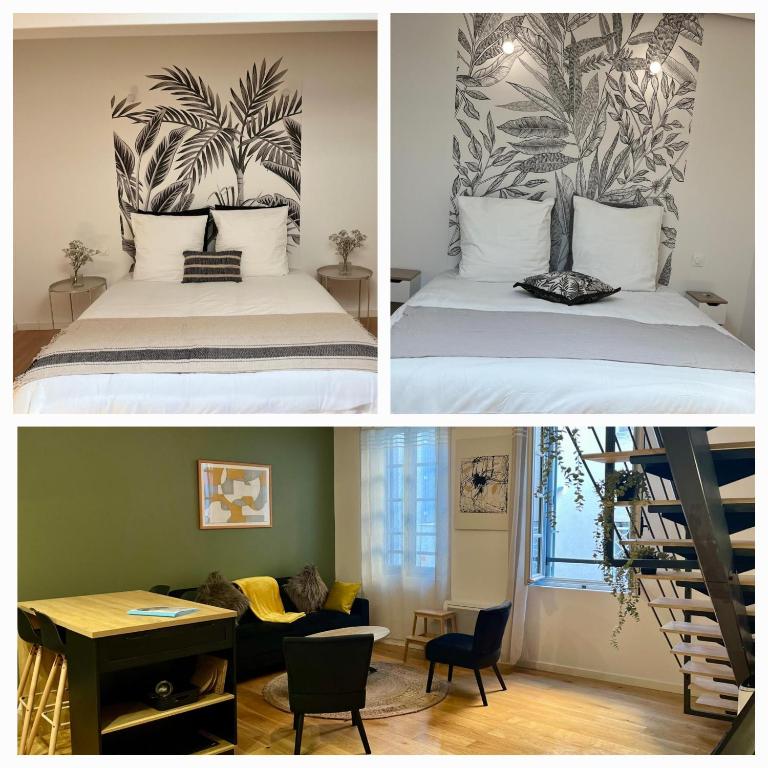 - deux photos d'une chambre avec un lit et un escalier dans l'établissement Renaissance, à Montpellier