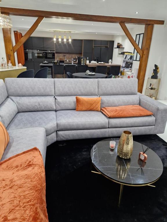 a living room with a couch and a table at Infinity marbre in Cérans-Foulletourte