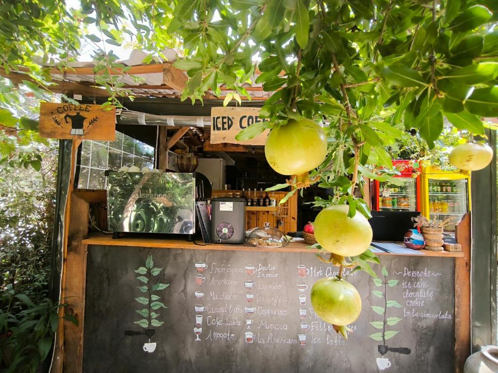 a food cart with a sign on a tree at Litost Cafe in Adrasan