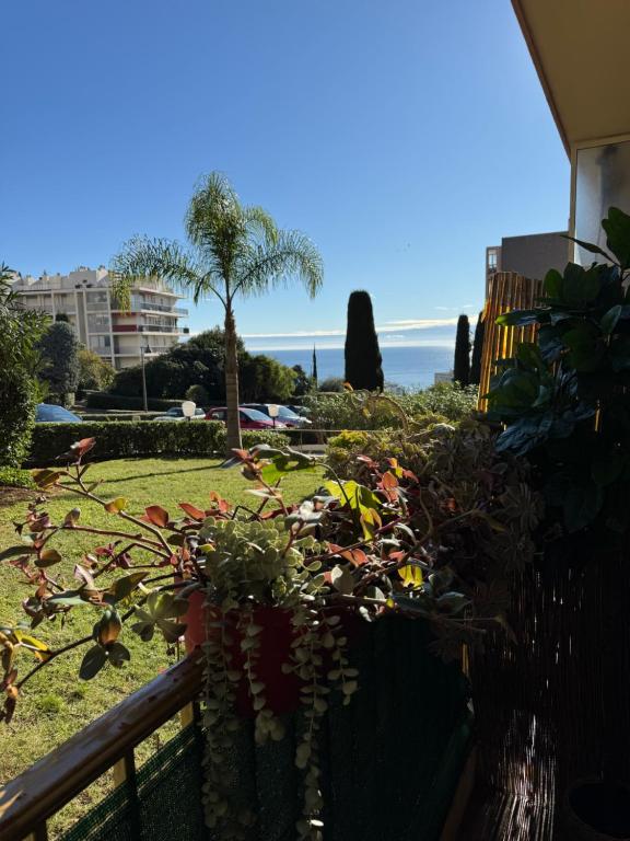 d'un balcon avec des plantes et l'océan en arrière-plan. dans l'établissement Mirazur, à Nice