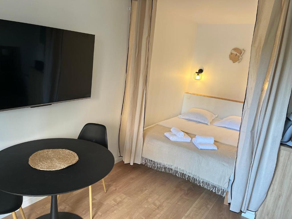 Cette petite chambre comprend un lit, une table et une télévision. dans l'établissement Charmant Studio à Ajaccio, à Ajaccio