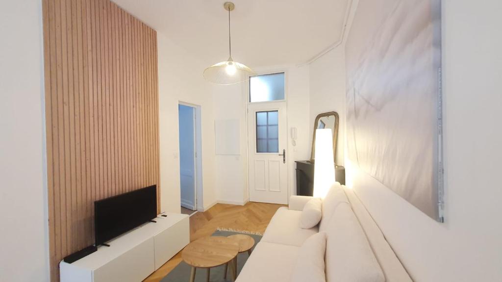 un salon avec un canapé blanc et une télévision dans l'établissement Appartement d'architecte au coeur de Bordeaux, à Bordeaux