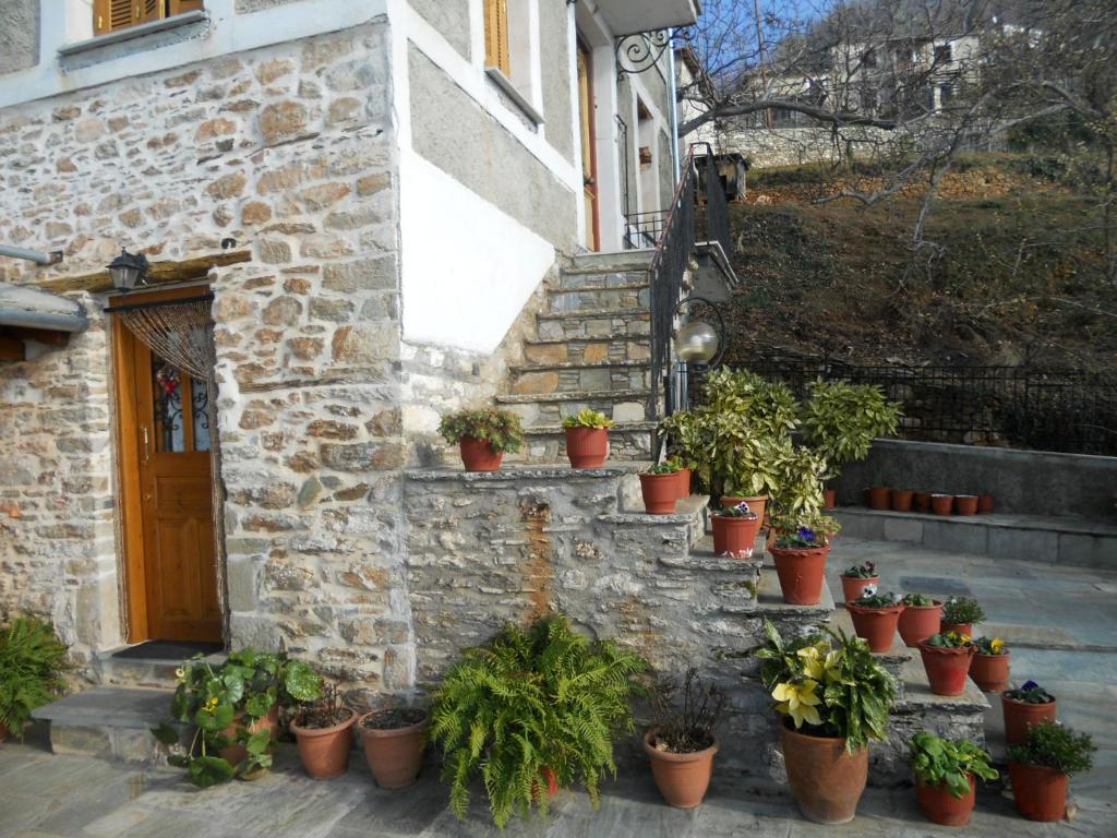 un grupo de plantas en macetas al lado de un edificio en Sarafis Guesthouse, en Agios Lavredios