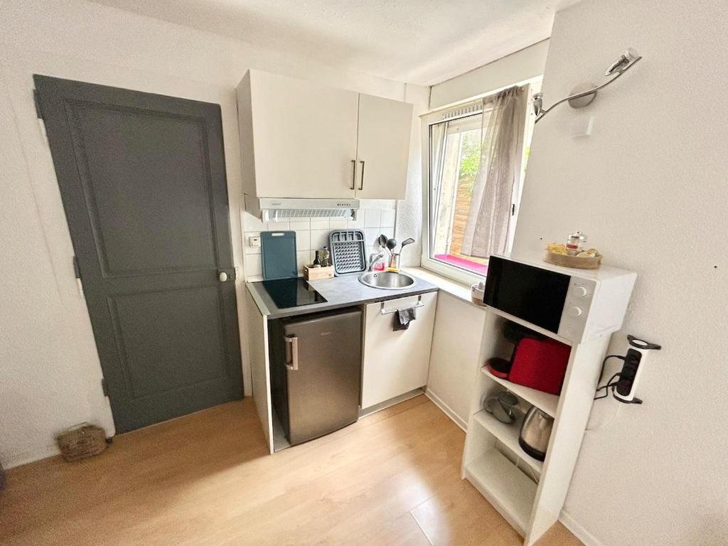 une petite cuisine avec un évier et une porte. dans l'établissement Appartement au cœur du JARDIN, à Nancy