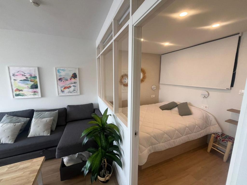 salon z kanapą i łóżkiem w obiekcie IMEDA Apartamentos MONTE GORBEA w mieście Sierra Nevada