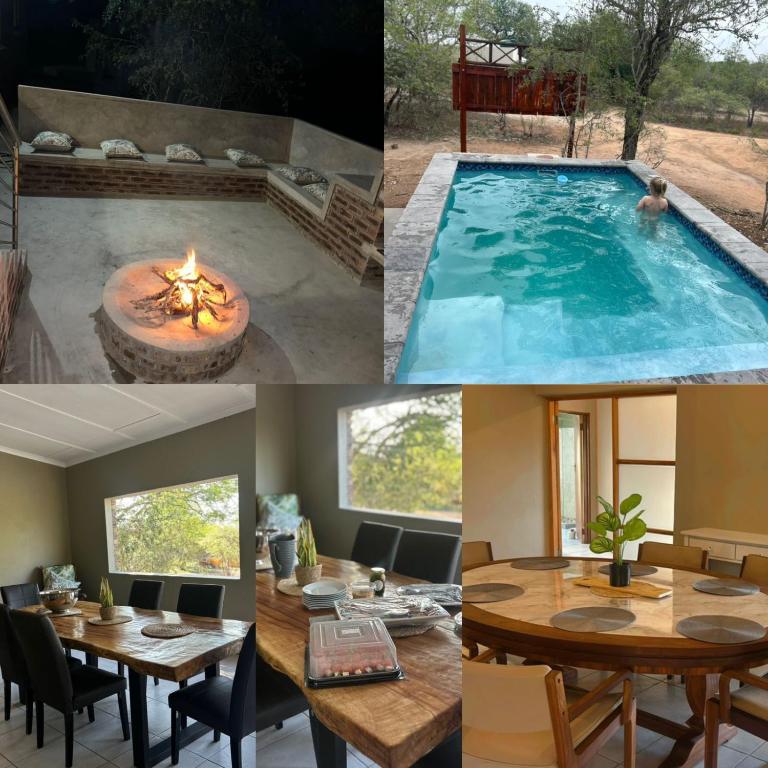 a collage of photos of a swimming pool with a table and a fire pit at Maroela 1022 in Marloth Park