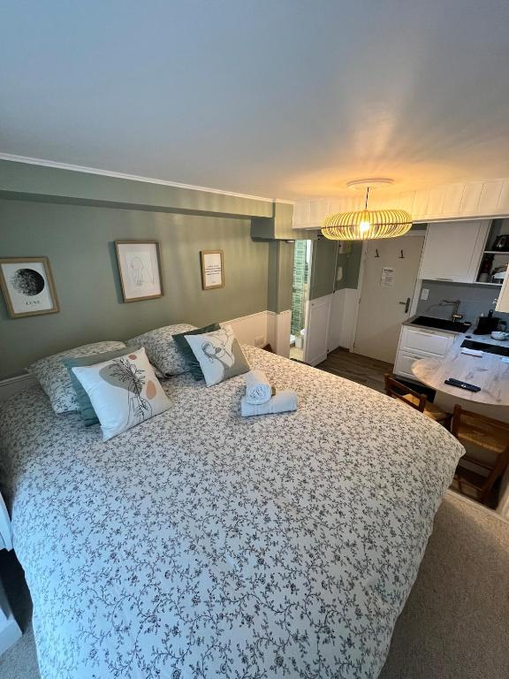 une chambre avec un grand lit et une cuisine dans l'établissement Studio BROSSARD 2pers Tv and Wifi, à Nantes