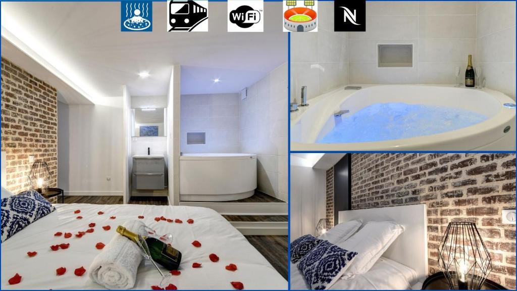 a collage of four pictures of a bedroom and a tub at My Toul'House SPA in Toulouse