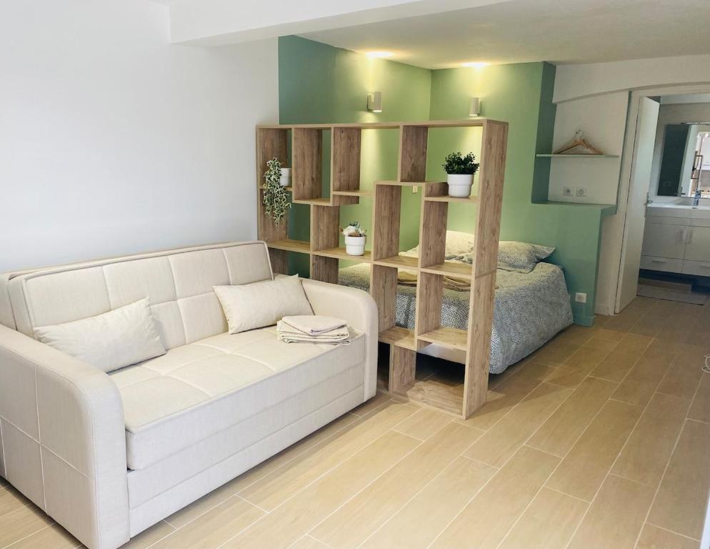 un salon avec un canapé et une étagère dans l'établissement Studio en rez-de-maison, au Muy
