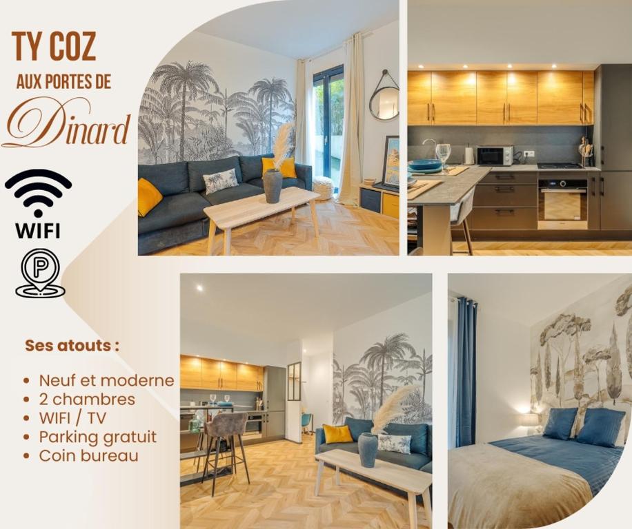 un collage de photos d'un salon et d'une cuisine dans l'établissement Ty Coz T3 tout confort, à La Richardais