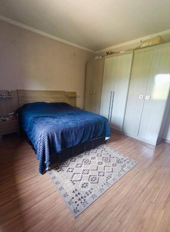 a bedroom with a blue bed and a rug at Quarto Privativo Santa Rita do Sapucaí in Santa Rita do Sapucaí