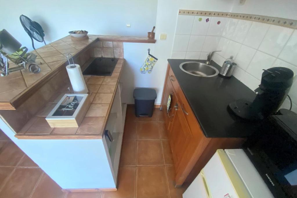 une petite cuisine avec un évier et un comptoir dans l'établissement The central gardens, à Frontignan