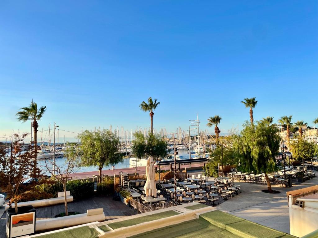 un port de plaisance avec des palmiers et un port de plaisance avec des bateaux dans l'établissement Port de Bandol, direct mer, Gd conft, Clim, garage, à Bandol