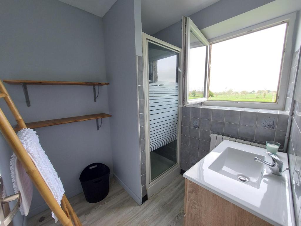 une salle de bain avec un lavabo et une fenêtre dans l'établissement Gîte de la Brunaie, à Juvigné