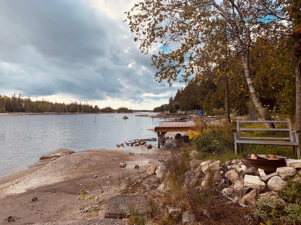 a bench sitting on the shore of a lake at Stella by Starlight in Tobermory