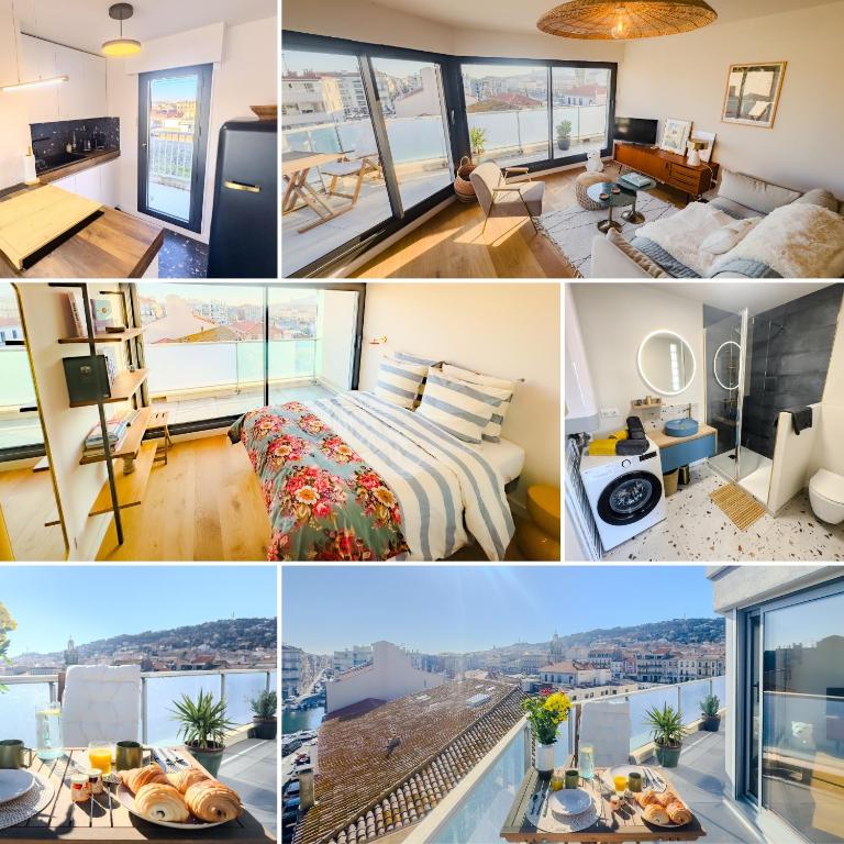 un collage de photos d'une chambre d'hôtel dans l'établissement L'Escale Sètoise , Terrasse, Vue Mont St Clair, à Sète